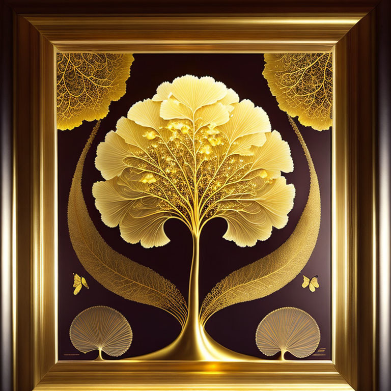 Golden Tree Artwork: Intricate Branches & Butterflies on Dark Background