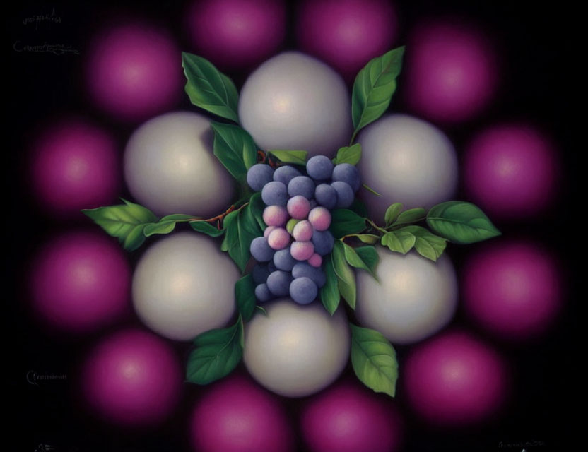 Surreal artwork featuring grapes, pearls, and green leaves