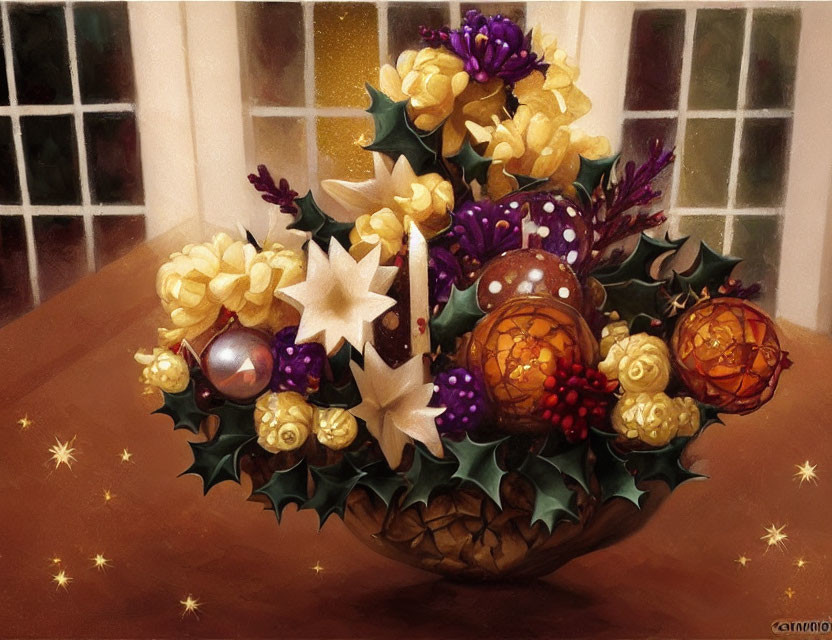 Golden flowers, red berries, holly leaves, and sparkling ornaments in holiday centerpiece