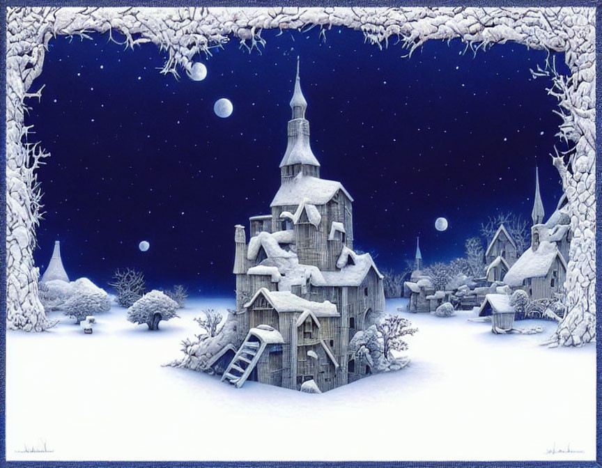 Snow-covered fantasy houses in whimsical winter scene