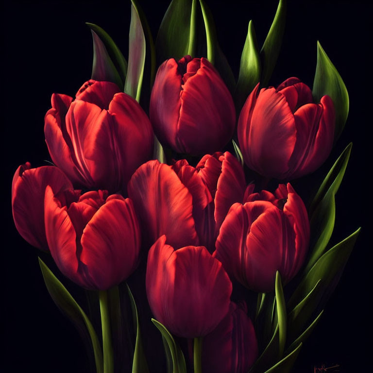 Vibrant red tulip bouquet on dark background with rich details