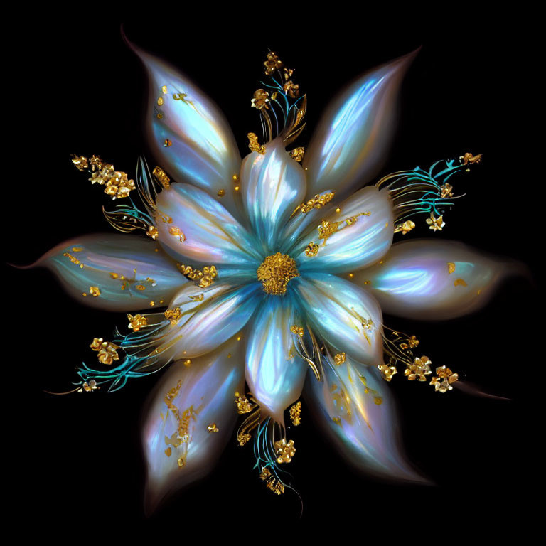 Stylized digital artwork: Blue and gold iridescent flower on black background