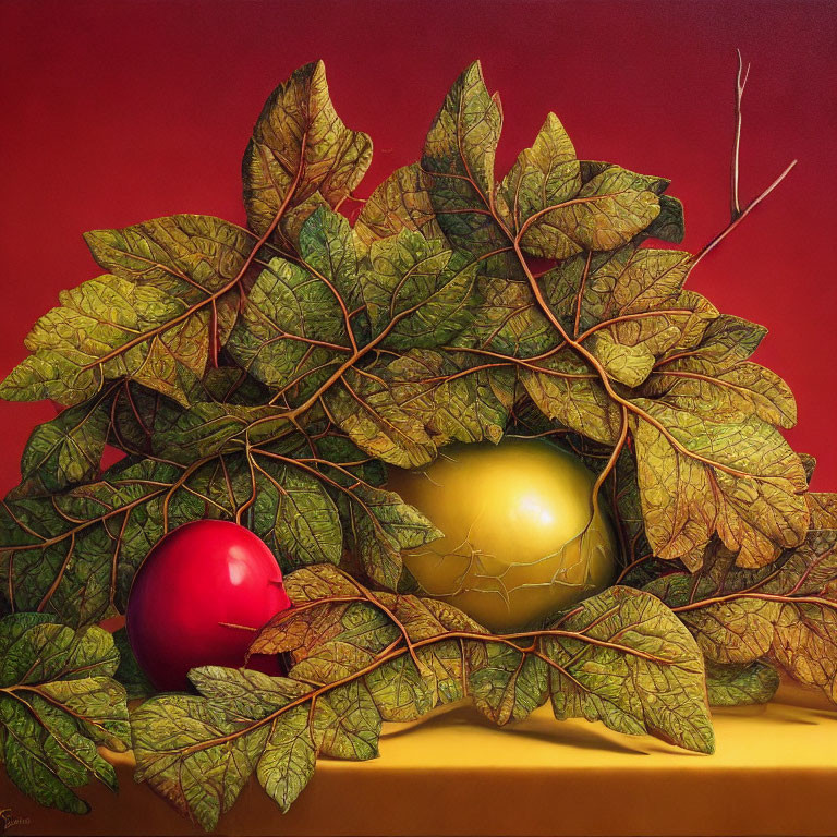 Hyperrealistic Painting: Oversized Autumn Leaves around Golden and Red Spheres