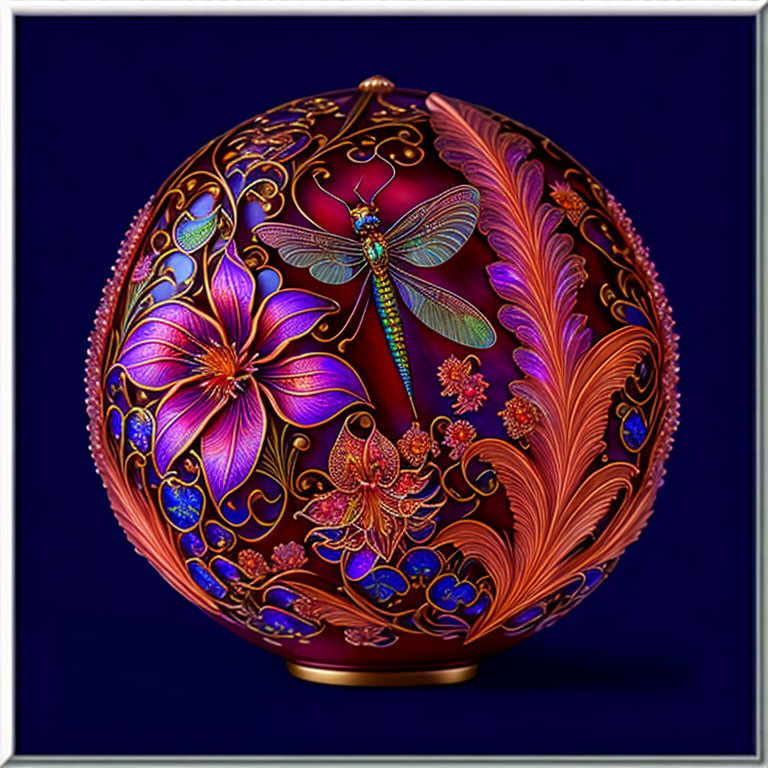 Intricate Dragonfly and Floral Design on Egg-Shaped Object