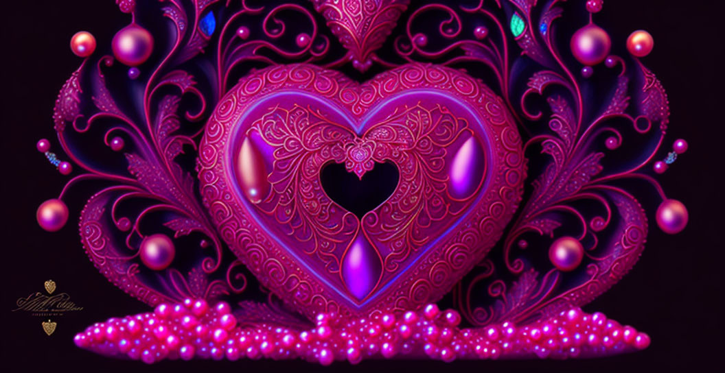 Detailed Ornate Heart with Pink Pearls on Purple Background