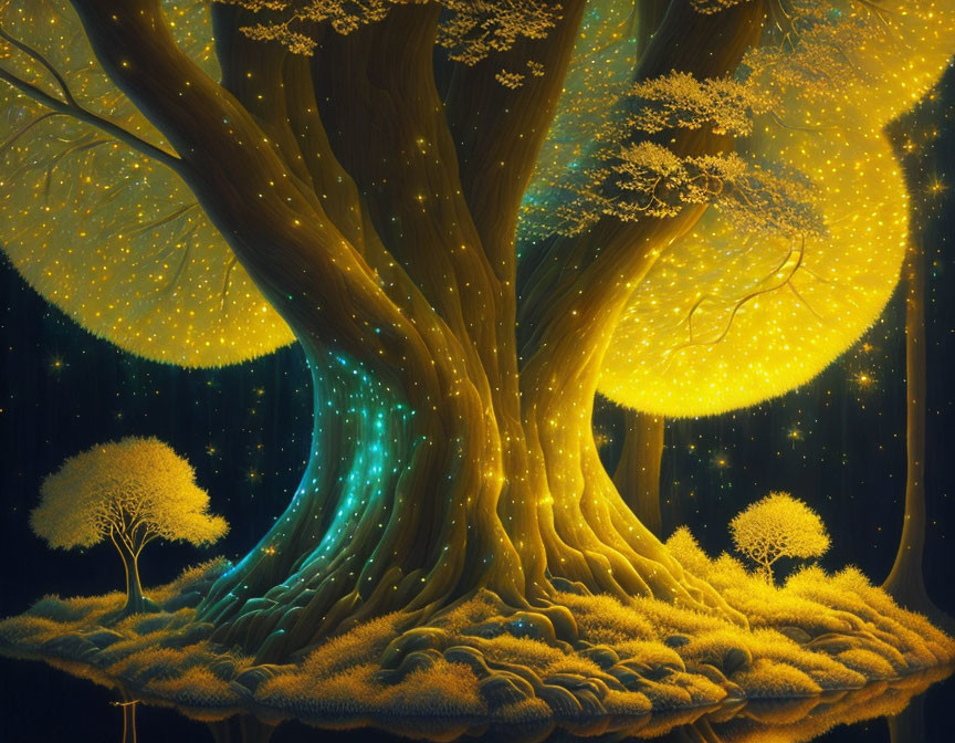 Enchanting illustration of glowing tree in mystical night scene