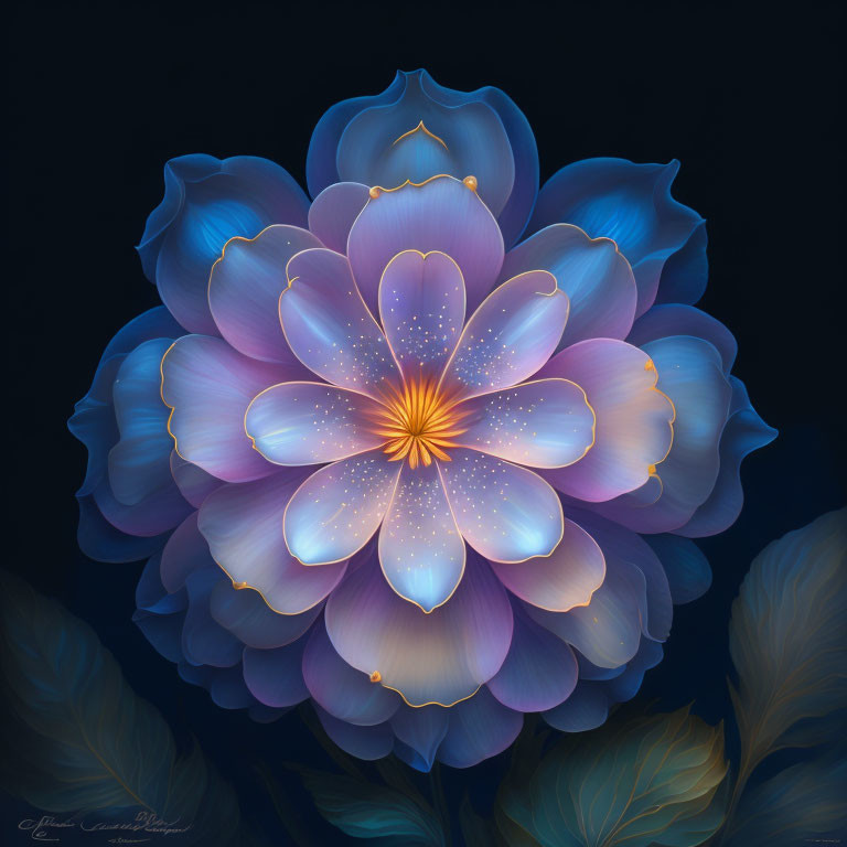 Luminous blue and purple flower artwork on dark background