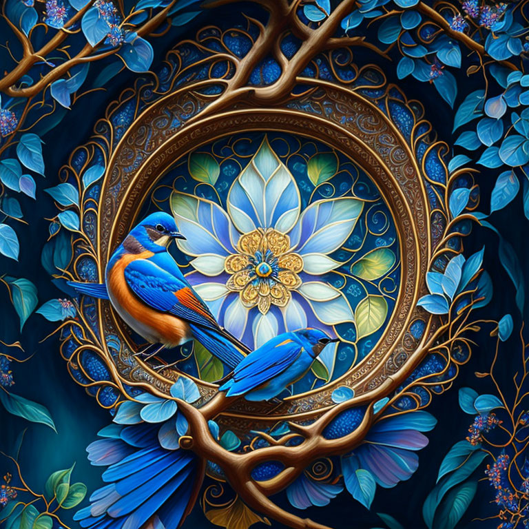 Vibrant blue birds on ornate branch with lotus and leaves on dark background