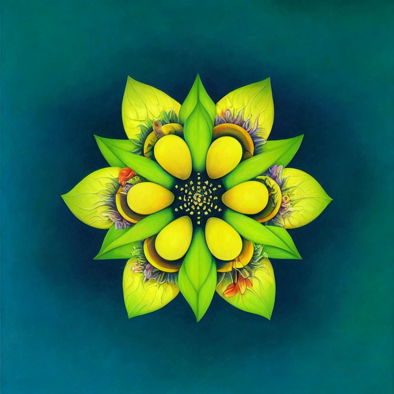 Symmetrical Floral Mandala Artwork with Green and Yellow Elements