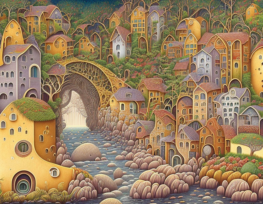 Colorful Illustration of Whimsical Village with Unique Houses