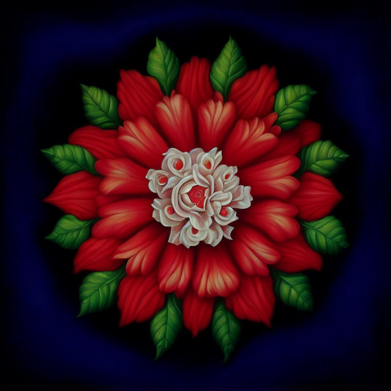 Vibrant red flower with layered petals and green leaves on dark blue background