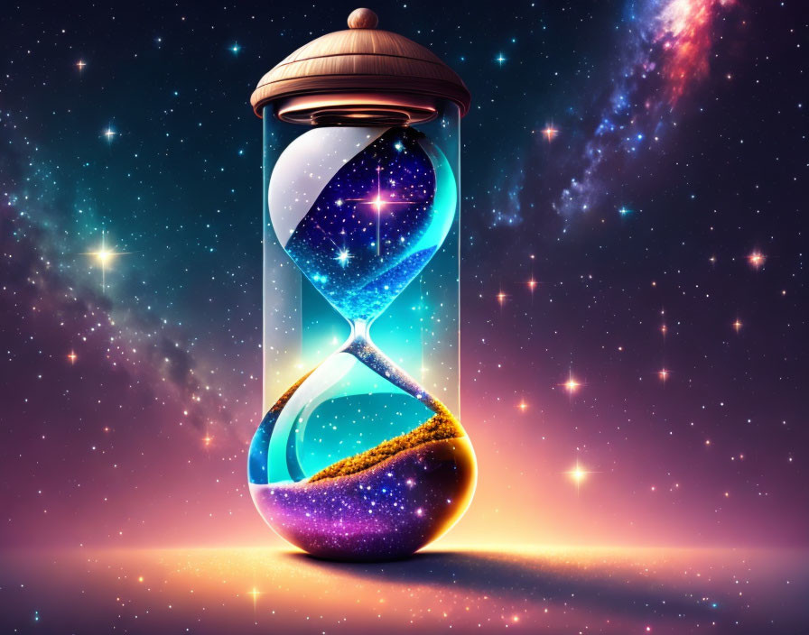 Cosmic hourglass digital illustration with starry background