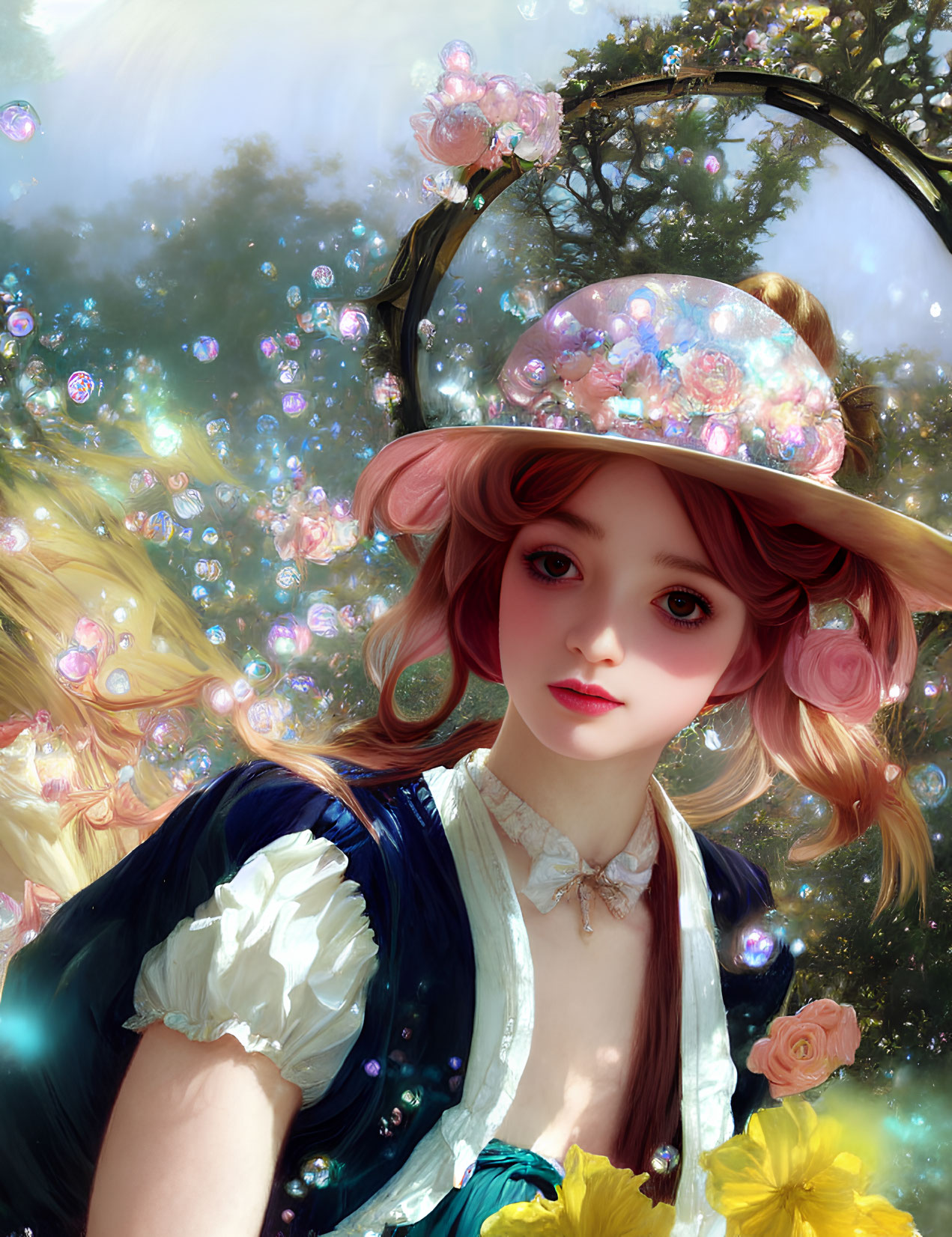 Rosy-cheeked character in floral hat with bubbles on sunny backdrop.