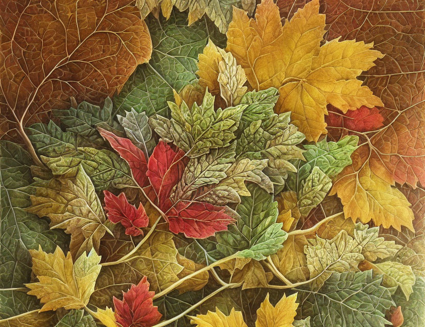 Vibrant autumn leaves tapestry in yellow, red, and green