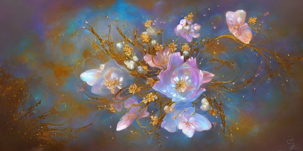 Delicate luminescent flower digital art with golden filigree on cosmic pastel background