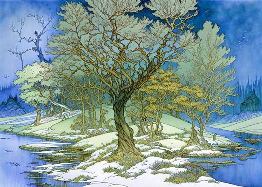 Stylized winter tree illustration with snow and starry sky