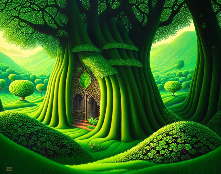 Whimsical Green Landscape with Oversized Trees and Door