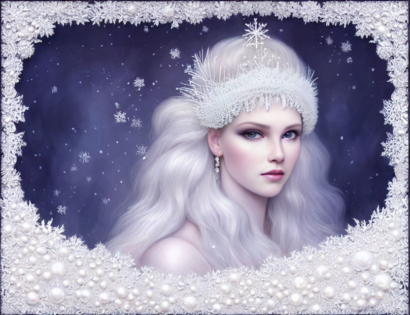 Pale-skinned woman with silver hair in sparkly headband against snowy starry backdrop.