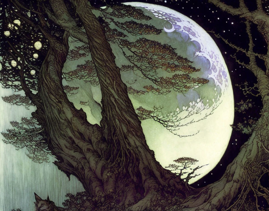 Illustration of ancient tree under full moon