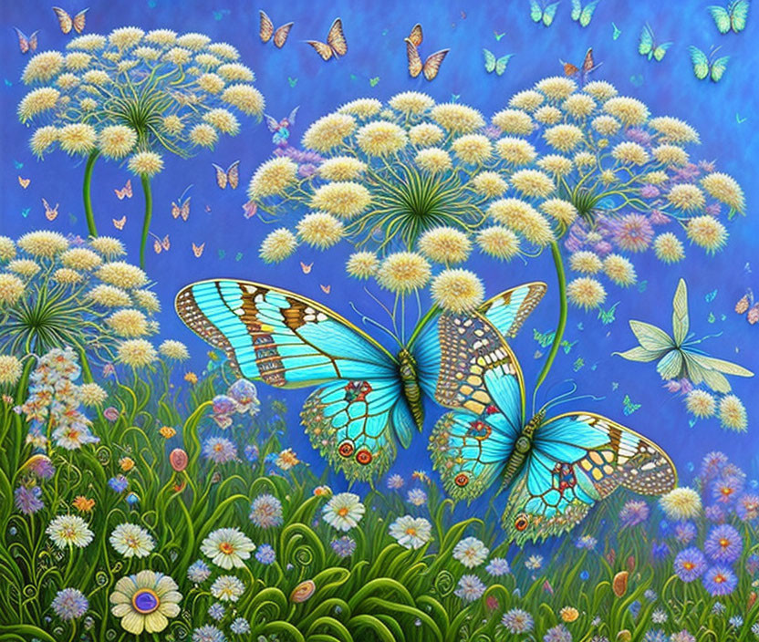 Colorful oversized dandelions and butterflies on blue background