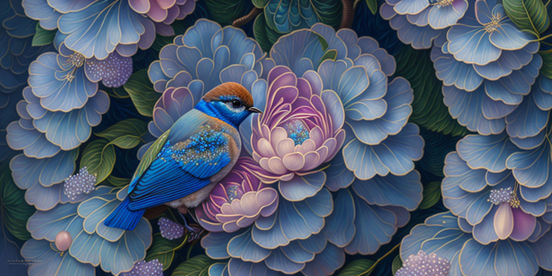 Colorful Bird Surrounded by Purple and Blue Flowers