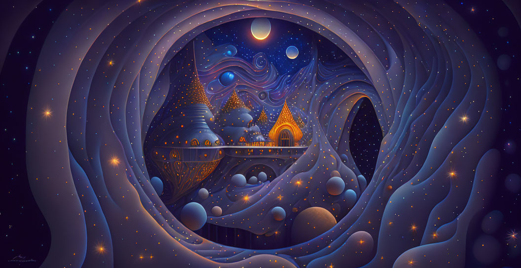 Stylized cosmic illustration with swirling galaxies and celestial bodies