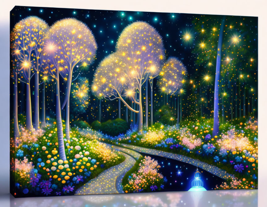 Colorful painting of whimsical forest pathway with glowing trees and starry night sky