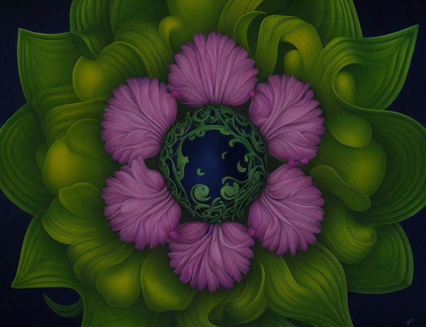 Symmetrical floral digital art with green leaves and purple petals