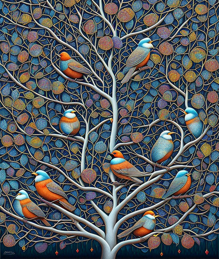 Colorful Stylized Tree Artwork with Birds and Circular Patterns