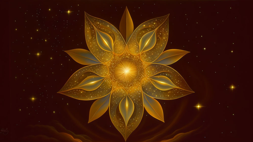 Symmetrical golden flower in cosmic digital art