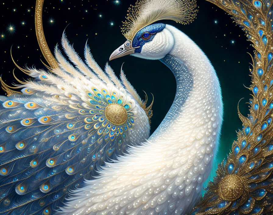 Majestic white peacock with blue and golden plumage on starry night background