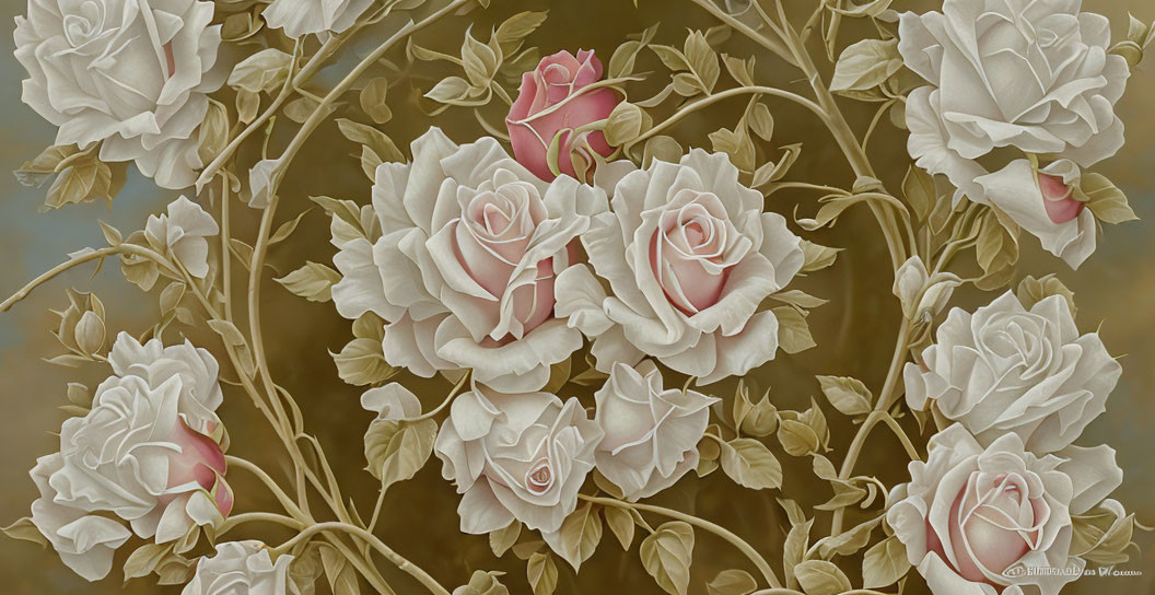 Intricate relief of blooming roses on muted background