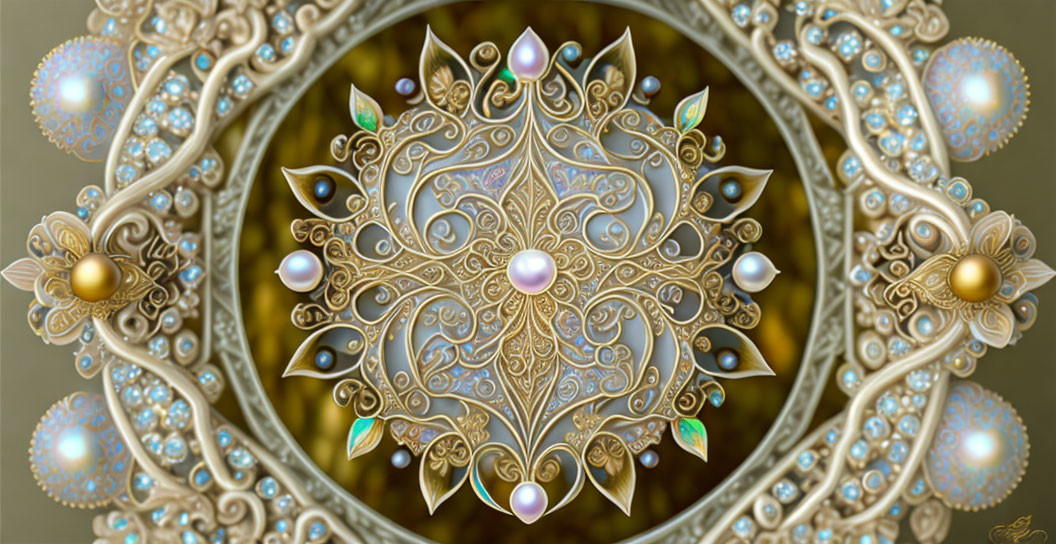 Golden fractal design with ornate patterns and gem embellishments on shimmering background