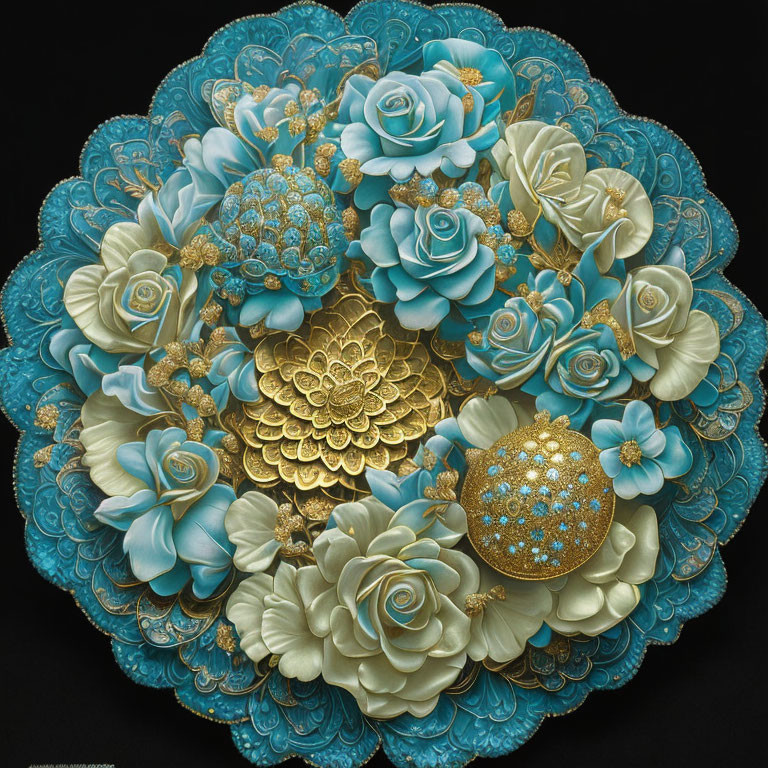 Intricate Turquoise and Gold Floral Arrangement on Black Background