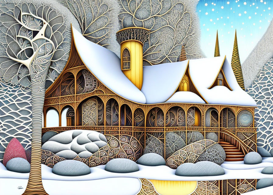 Detailed Snowy Landscape Artwork with Whimsical House and Elaborate Tree