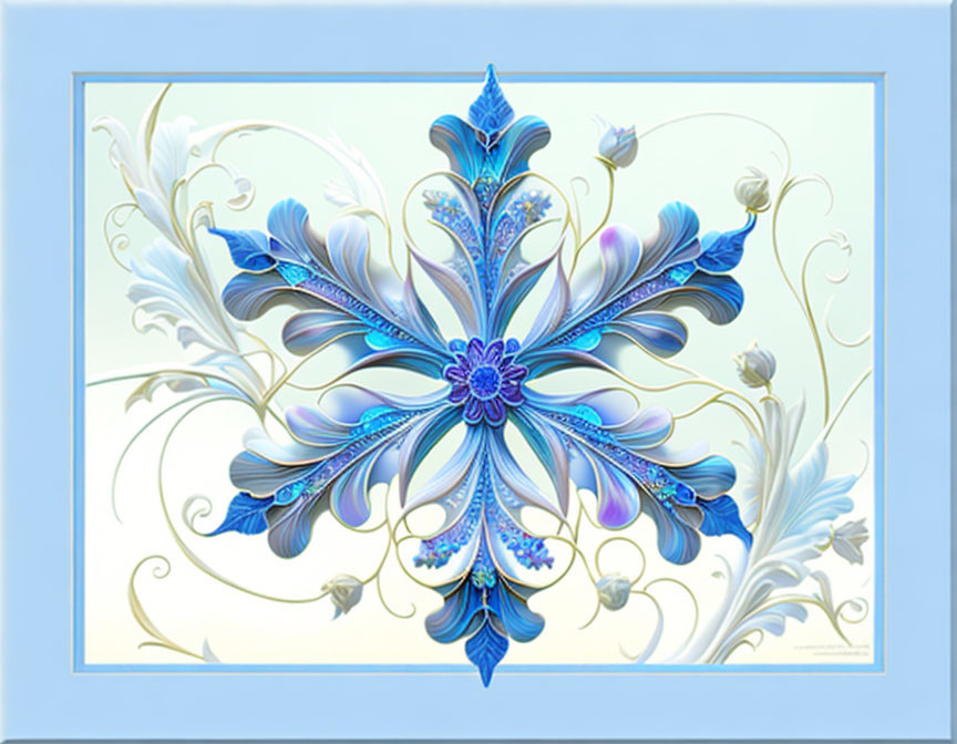 Blue and White Floral Artwork with Symmetrical Design and Swirling Accents