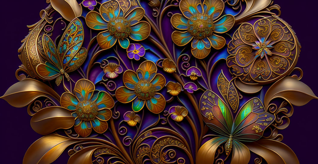 Golden floral design with butterflies on purple background and ornate petals.