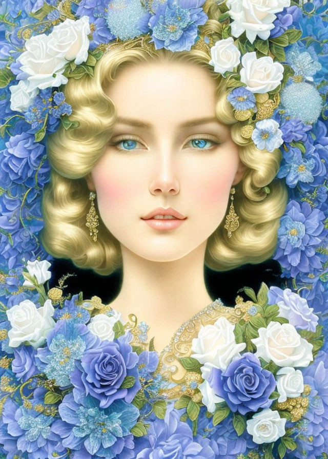 Woman with Curly Golden Hair and Blue Eyes Surrounded by Blue Flowers