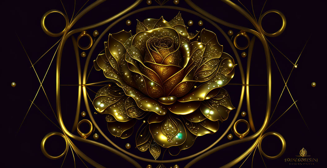 Stylized metallic golden rose with turquoise accents on dark geometric background