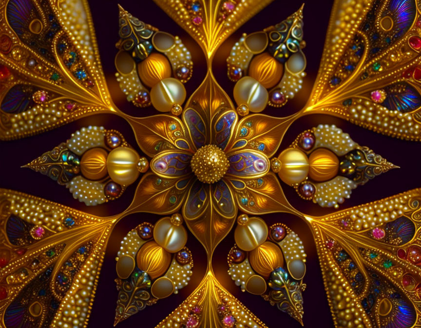 Symmetrical digital artwork: Golden pattern with jewels on dark background