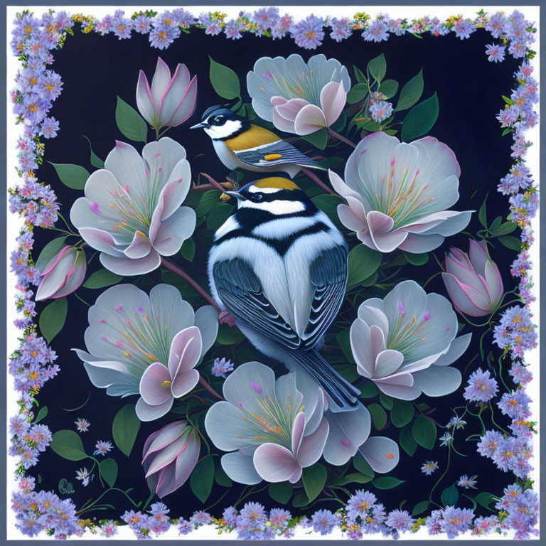 Colorful Bird Painting with Pink Blossoms and Green Foliage
