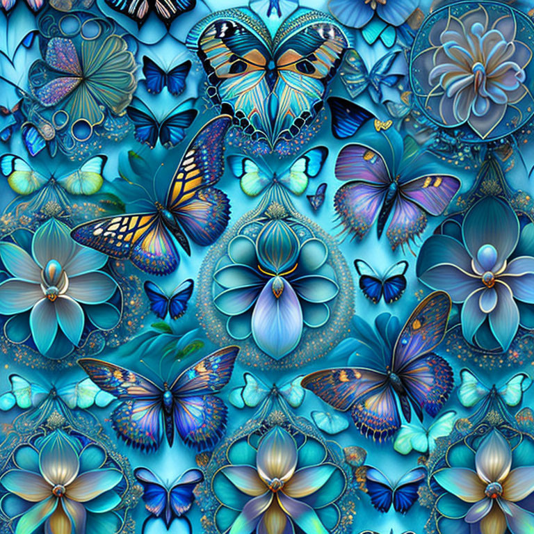 Detailed blue digital artwork with butterflies and flowers in symmetrical pattern