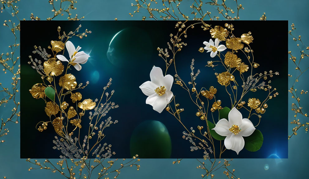 White Flowers and Golden Leaves Artwork on Teal Background with Glowing Orb