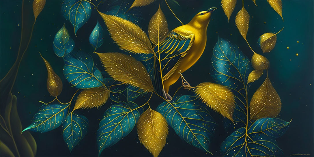 Yellow Bird Perched on Branch Among Green Leaves with Blue Veins