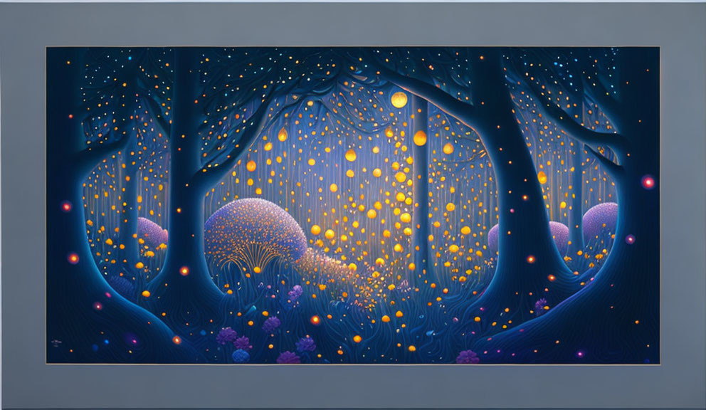 Night Landscape Painting with Glowing Trees and Celestial Atmosphere