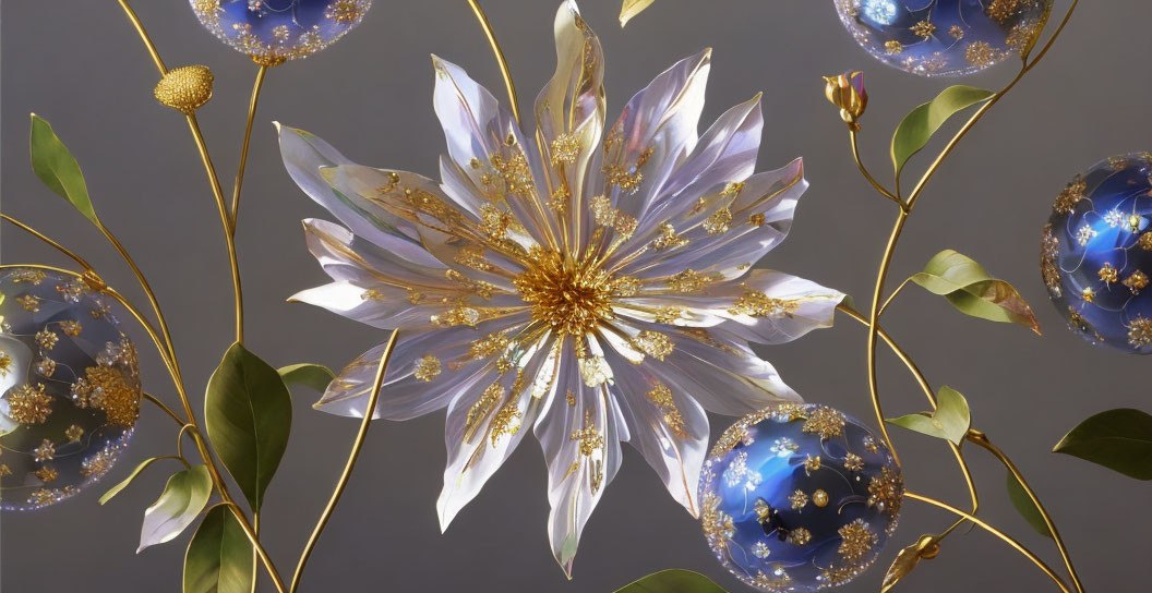 Golden flower with translucent petals, blue ornaments, and green leaves in 3D illustration