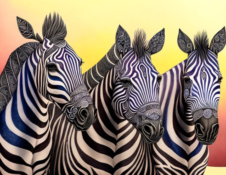 Decorative Patterned Zebras on Yellow-Red Gradient Background