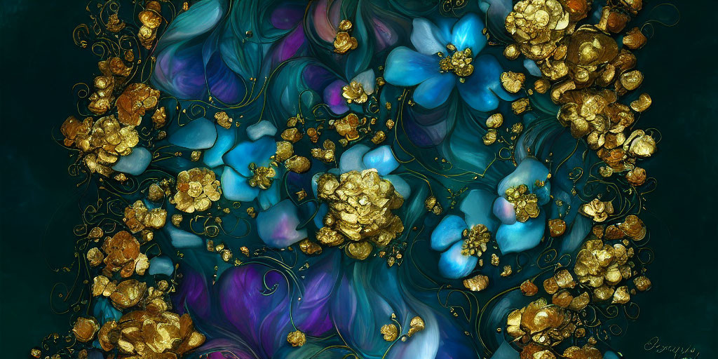 Swirling blue and purple hues with gold floral elements on dark background