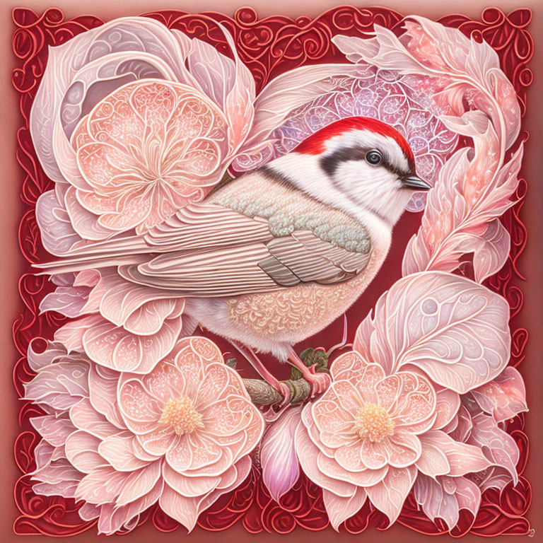 Detailed Bird Illustration Among Pink and White Flowers on Crimson Background