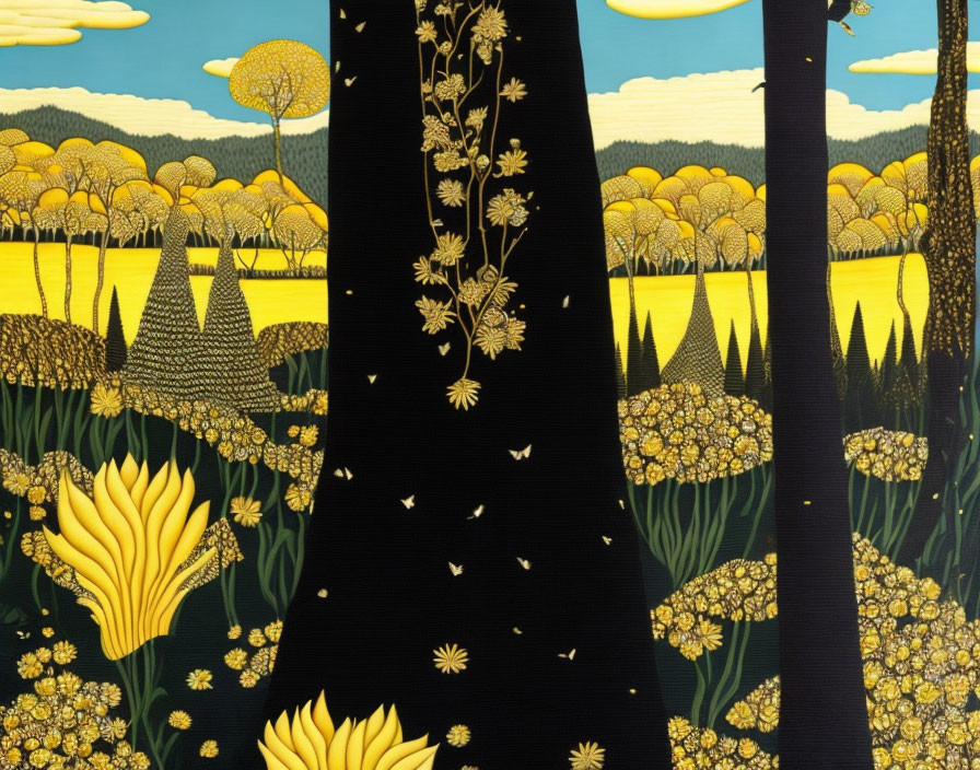 Vibrant yellow and black landscape with floral patterns and butterflies